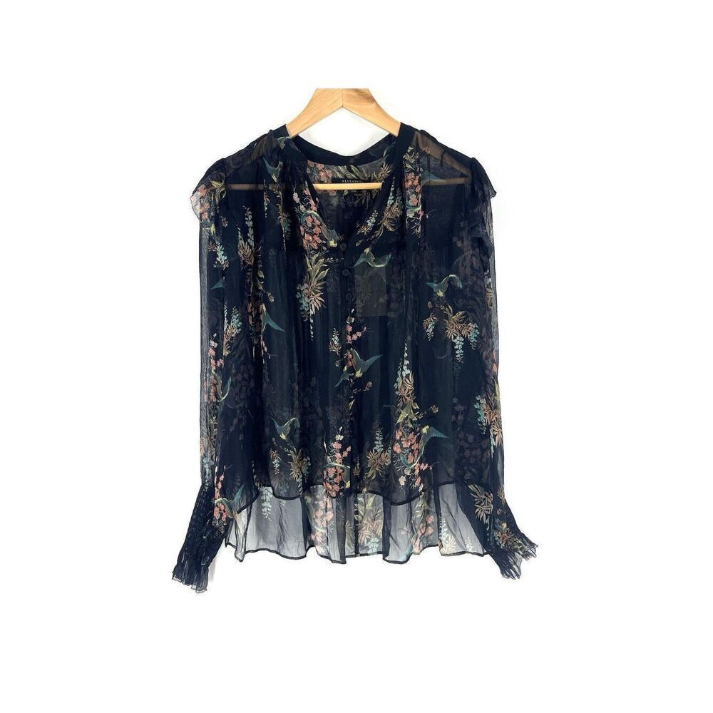 All Saints Top Size 0 Womens Black Floral Lara Floral Sheer Blouse Whimsigoth